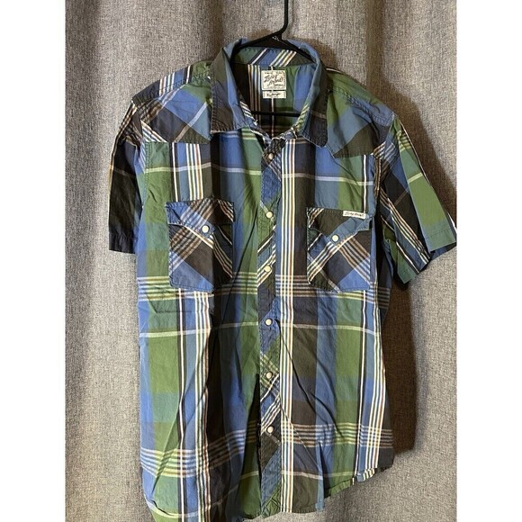 Lucky Brand Western Shirt Mens XL Blue Green Plaid Pearl Snap Cowboy Sportswear - Picture 1 of 8